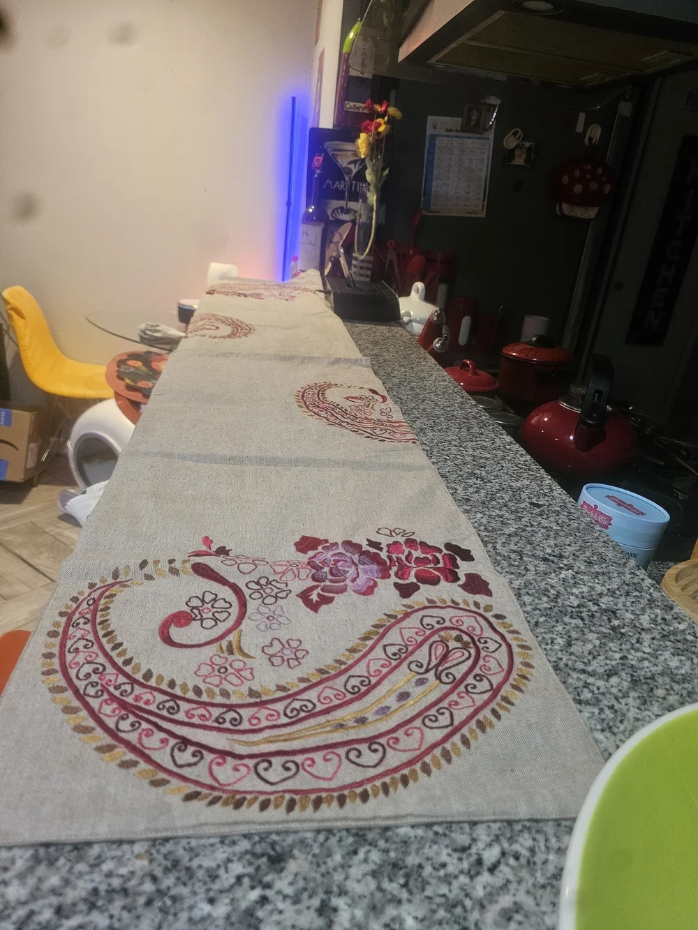 Embroidered Paisley Table Runner - Beige with Burgundy Accents
